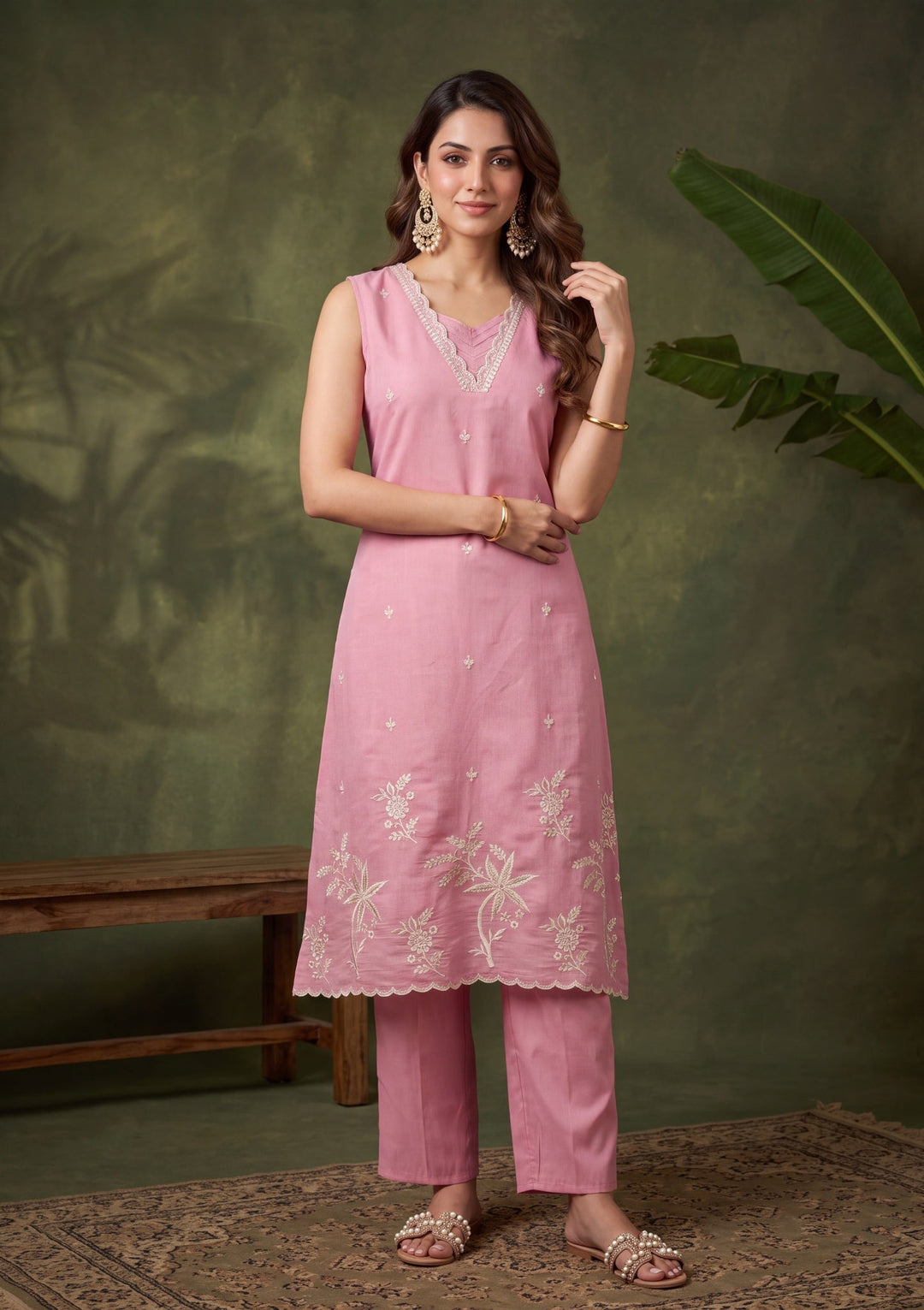 Onion Pink Chanderi Threadwork A Line Kurta With Regular Pant And Dupatta