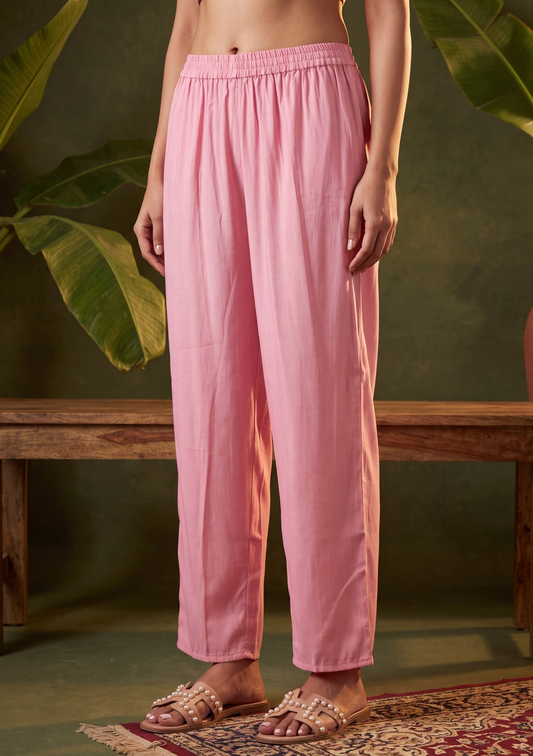 Onion Pink Chanderi Threadwork A Line Kurta With Regular Pant And Dupatta
