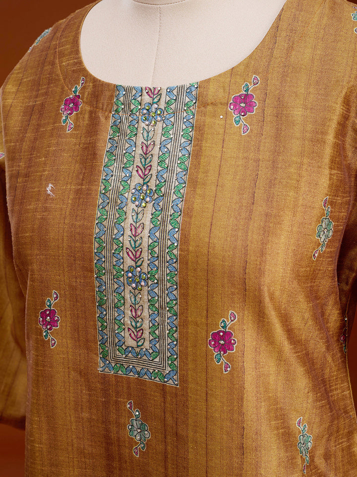 Mustard Raw Silk Floral Stonework Straight Kurta With Pant Regular And Dupatta