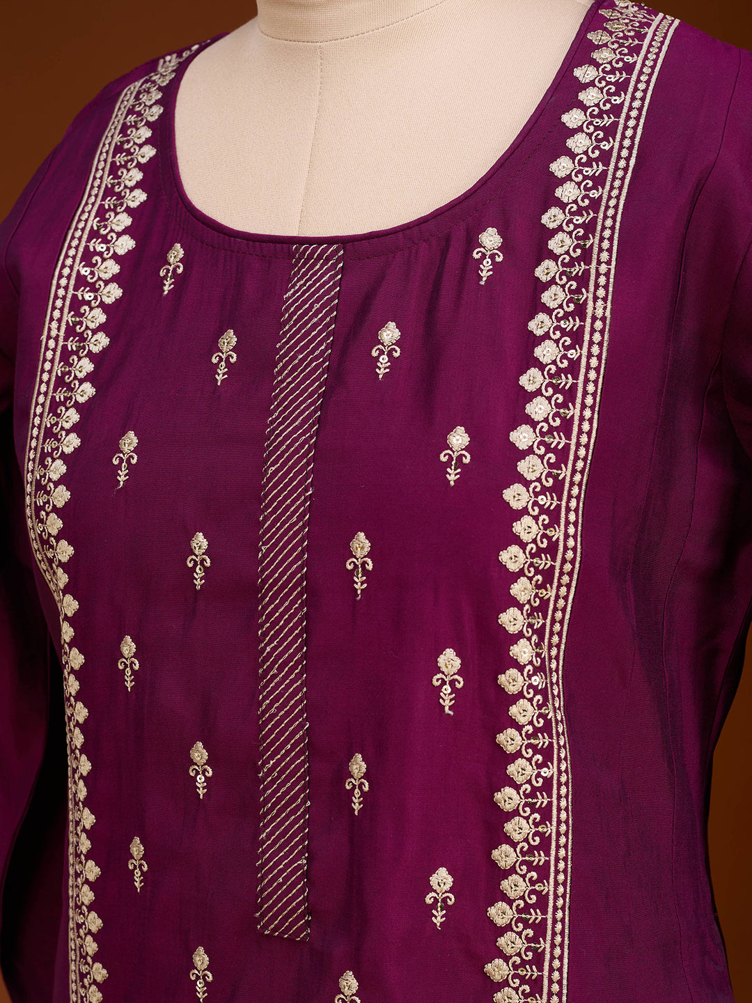 Magenta Pink Art Silk Threadwork A Line Kurta With Pant Regular And Dupatta