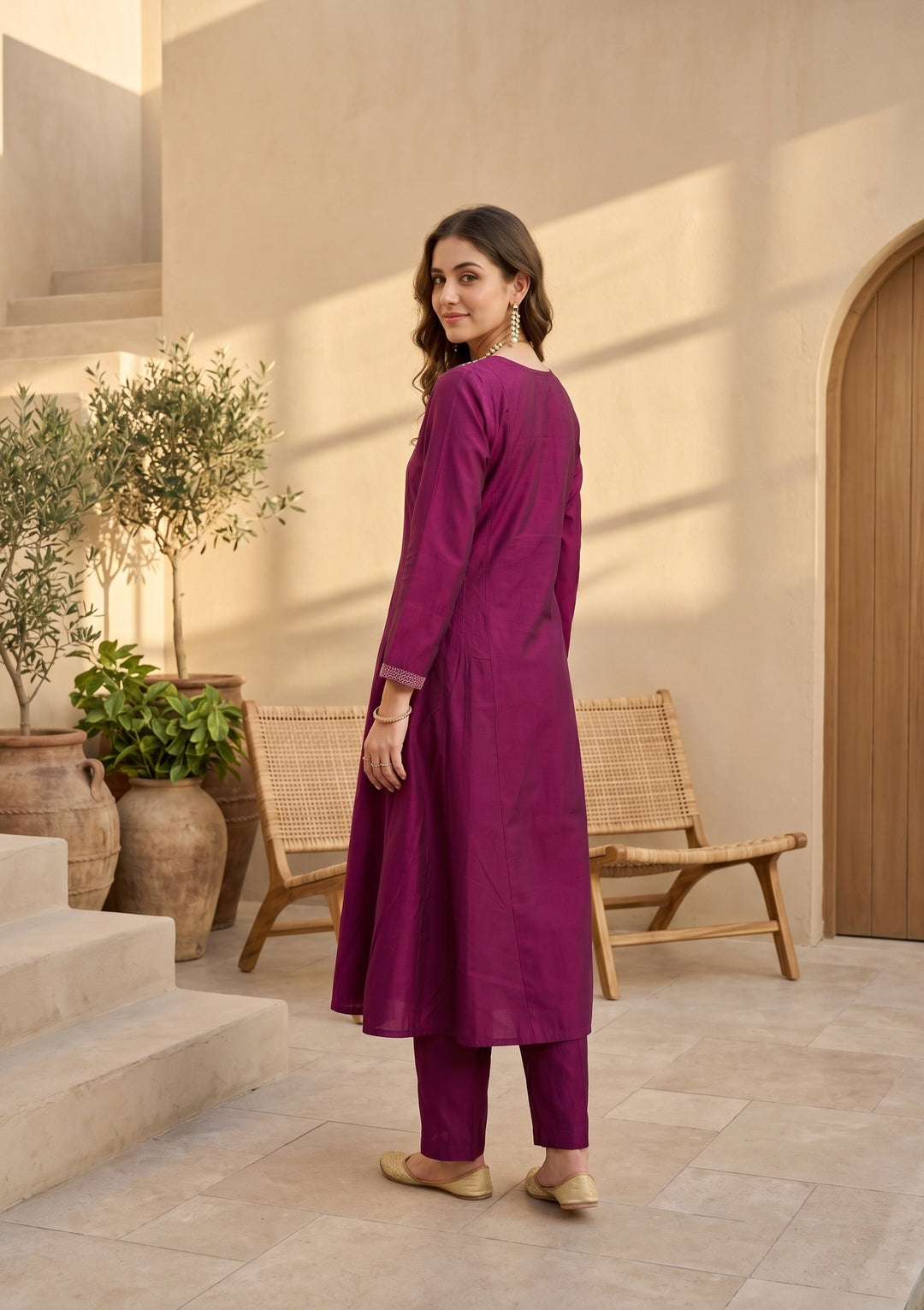 Magenta Pink Art Silk Threadwork A Line Kurta With Pant Regular And Dupatta