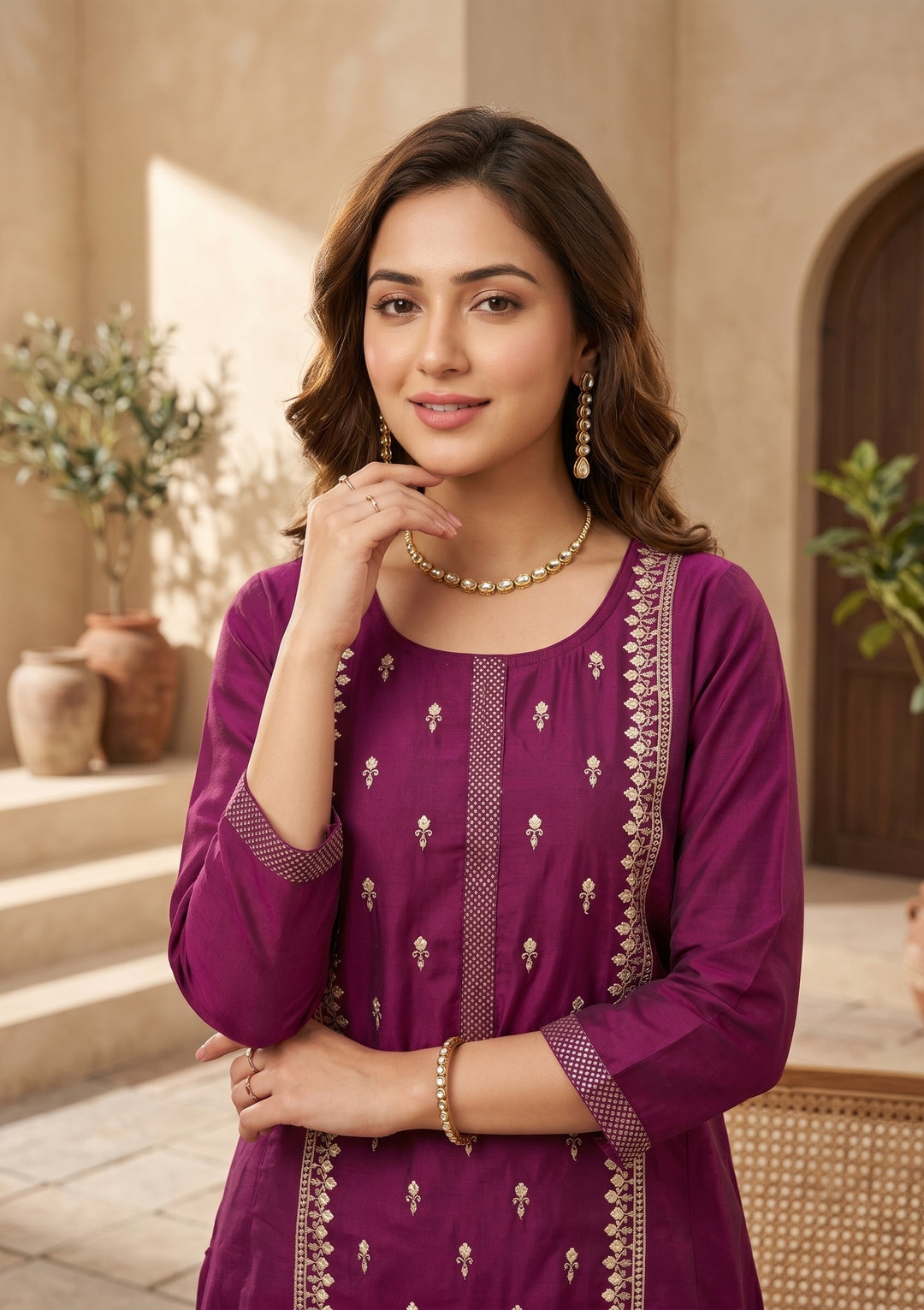 Magenta Pink Art Silk Threadwork A Line Kurta With Pant Regular And Dupatta