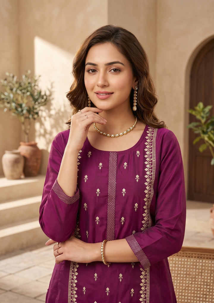 Magenta Pink Art Silk Threadwork A Line Kurta With Pant Regular And Dupatta