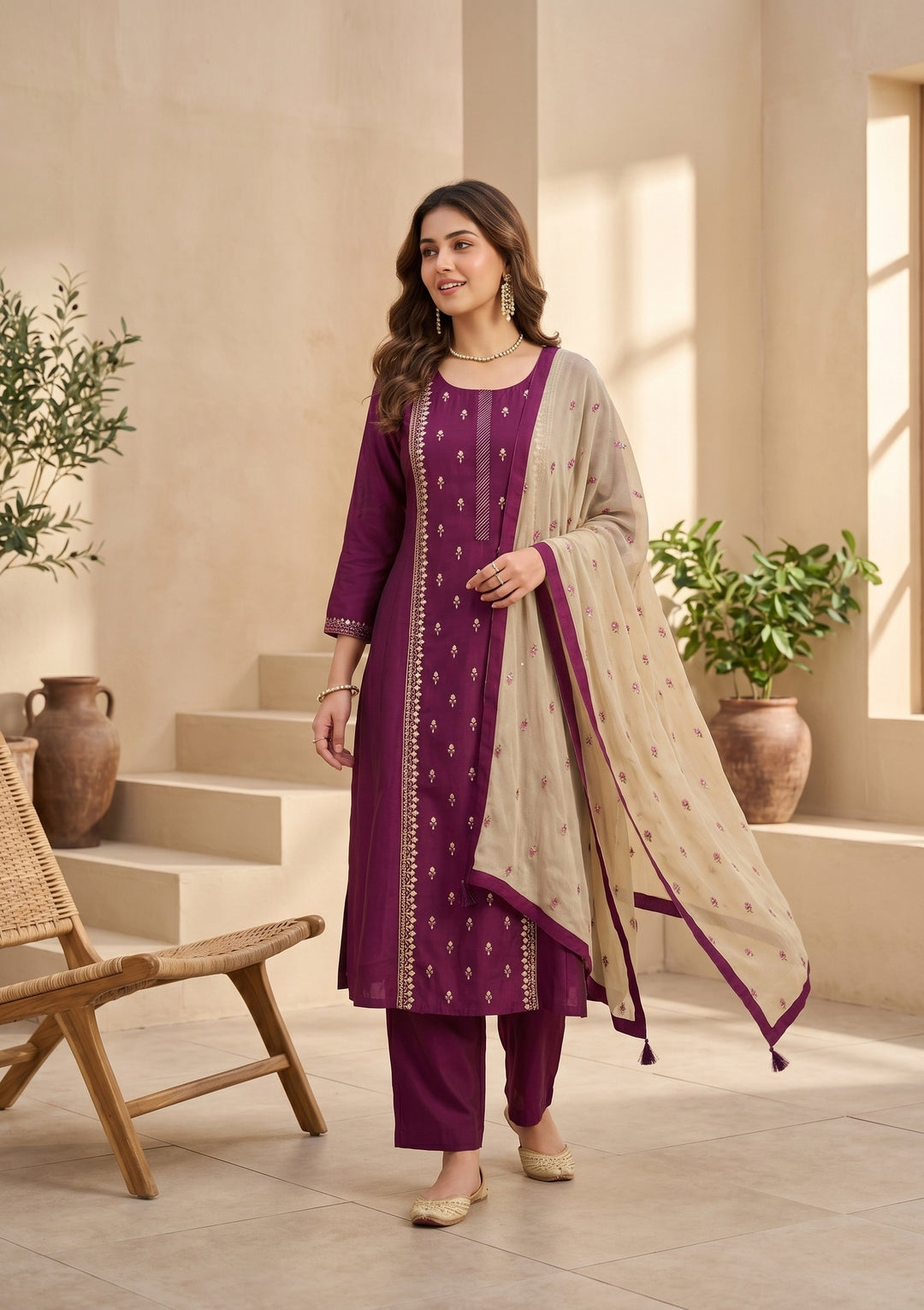 Magenta Pink Art Silk Threadwork A Line Kurta With Pant Regular And Dupatta