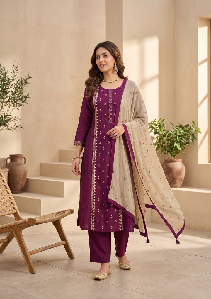Magenta Pink Art Silk Threadwork A Line Kurta With Pant Regular And Dupatta