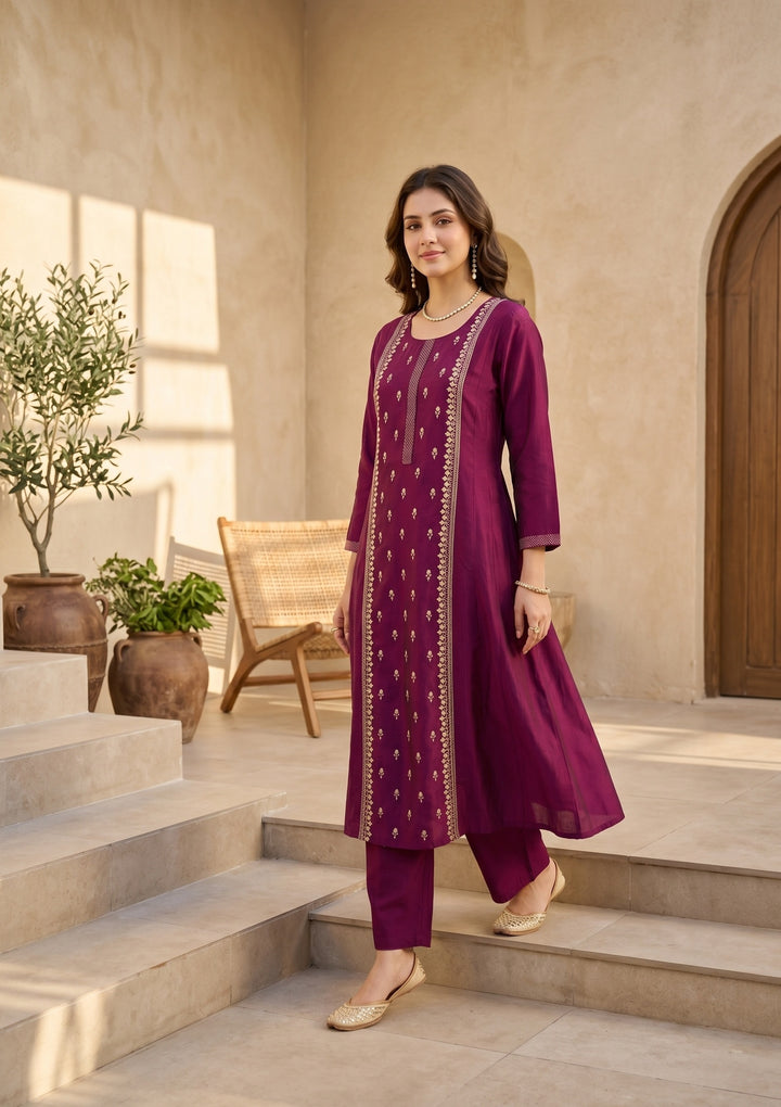Magenta Pink Art Silk Threadwork A Line Kurta With Pant Regular And Dupatta