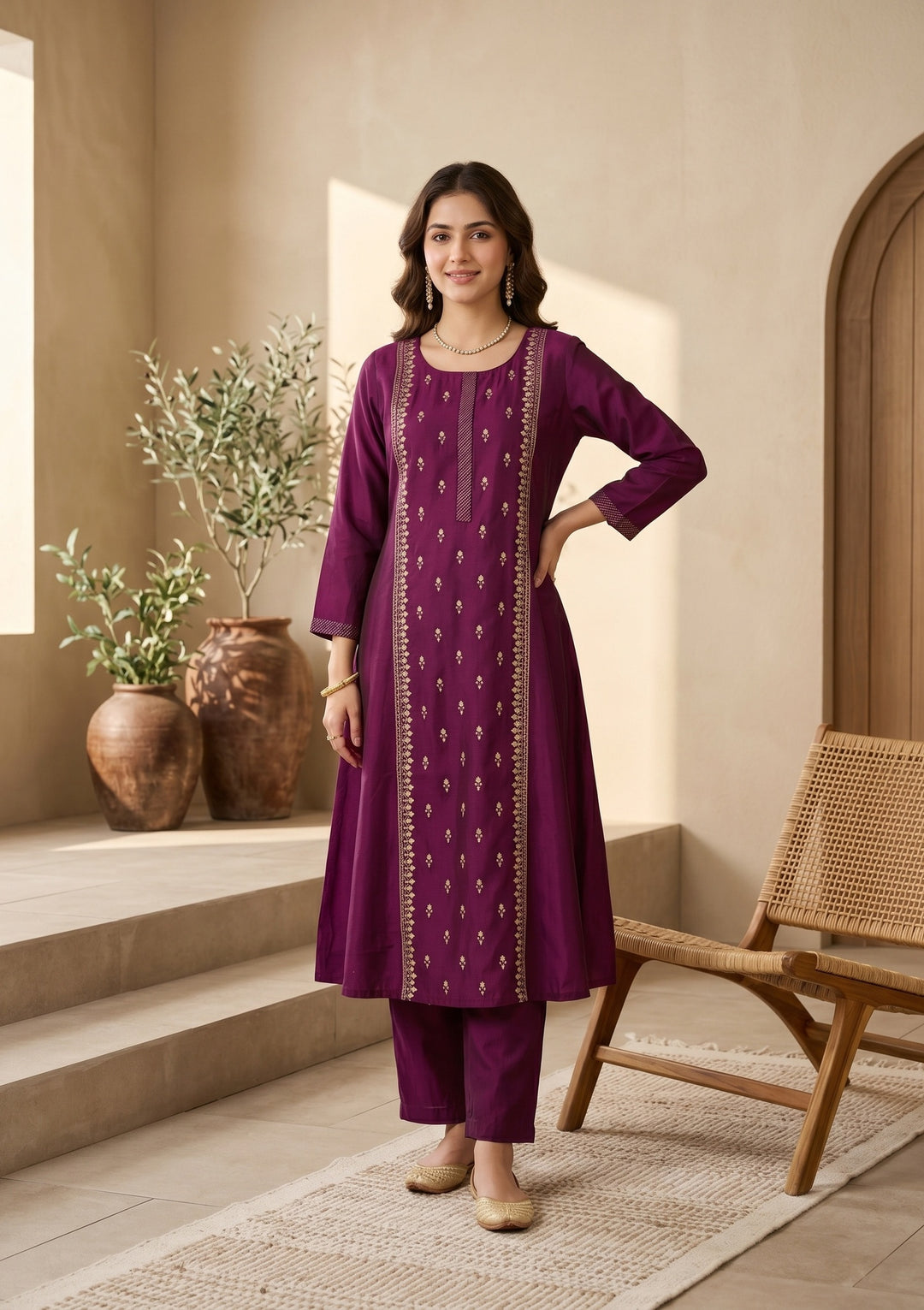 Magenta Pink Art Silk Threadwork A Line Kurta With Pant Regular And Dupatta