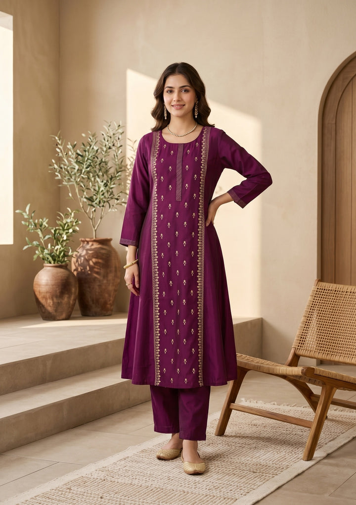 Magenta Pink Art Silk Threadwork A Line Kurta With Pant Regular And Dupatta