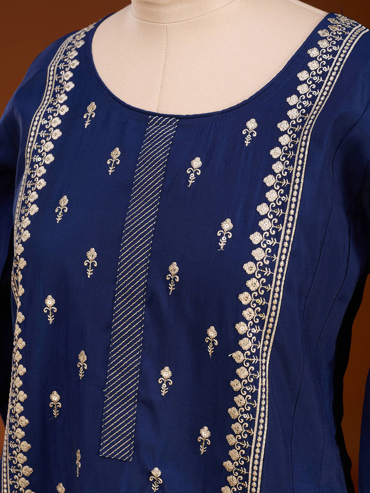Royal Blue Art Silk Threadwork A Line Kurta With Pant Regular And Dupatta