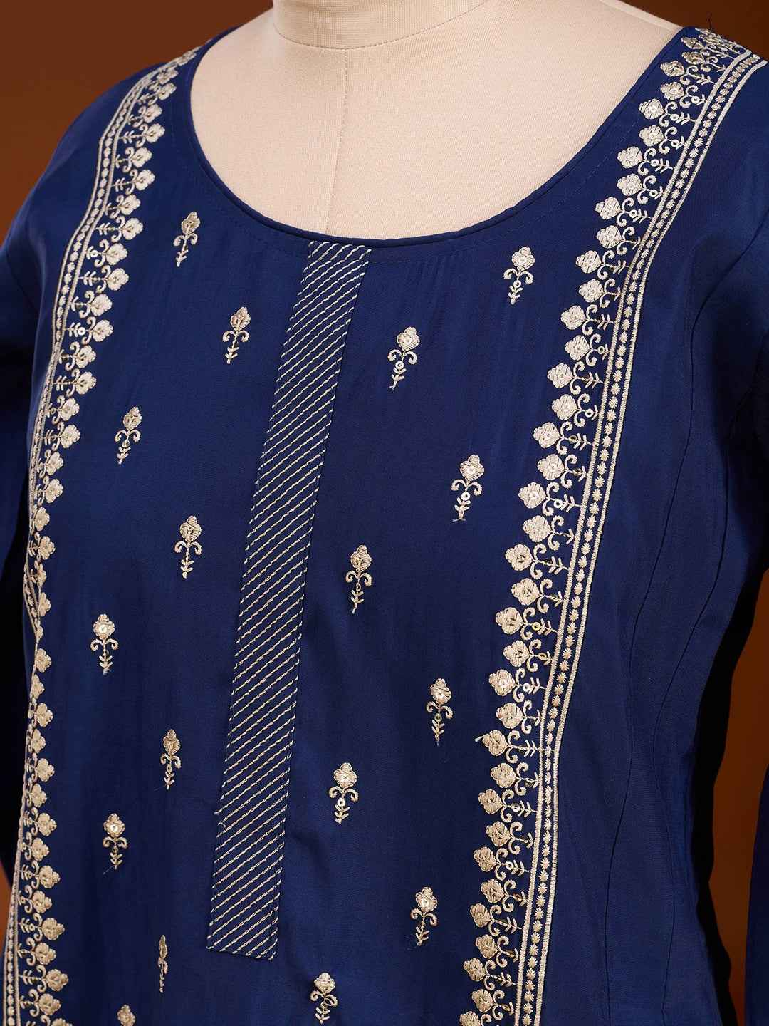 Navy Blue Art Silk Threadwork A Line Kurta With Pant Regular And Dupatta