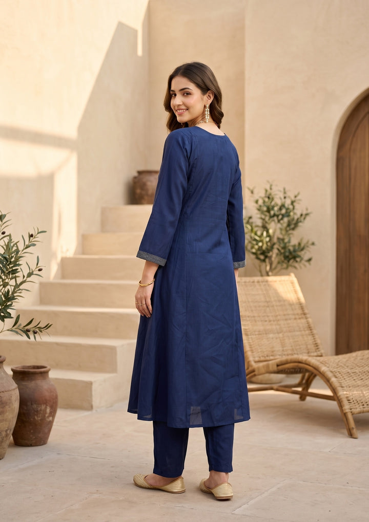 Royal Blue Art Silk Threadwork A Line Kurta With Pant Regular And Dupatta