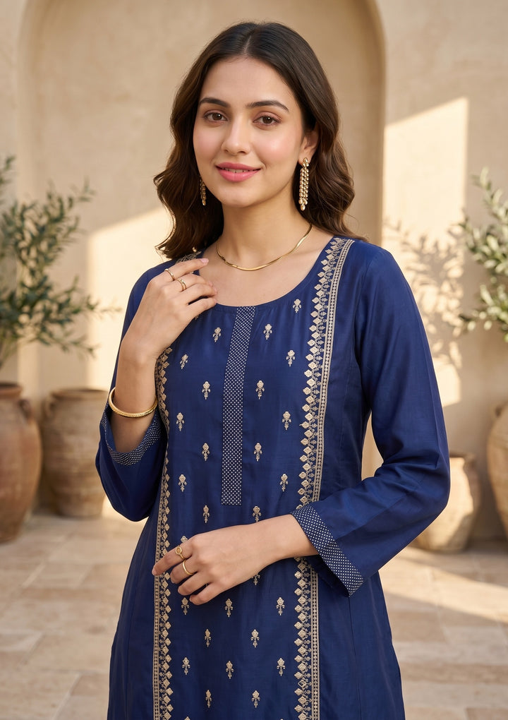 Royal Blue Art Silk Threadwork A Line Kurta With Pant Regular And Dupatta