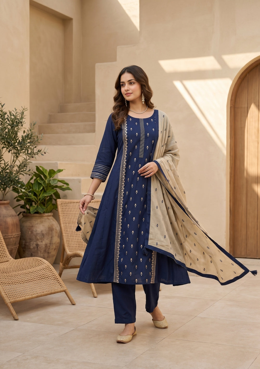 Royal Blue Art Silk Threadwork A Line Kurta With Pant Regular And Dupatta