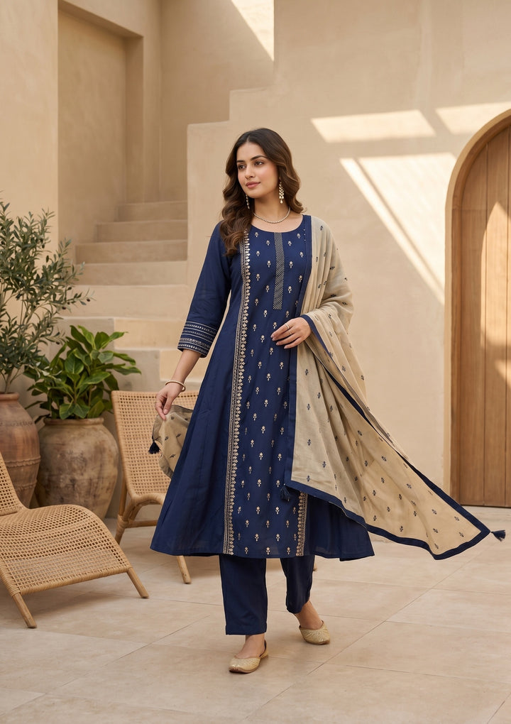Royal Blue Art Silk Threadwork A Line Kurta With Pant Regular And Dupatta