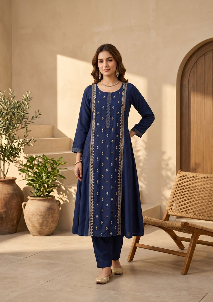 Royal Blue Art Silk Threadwork A Line Kurta With Pant Regular And Dupatta