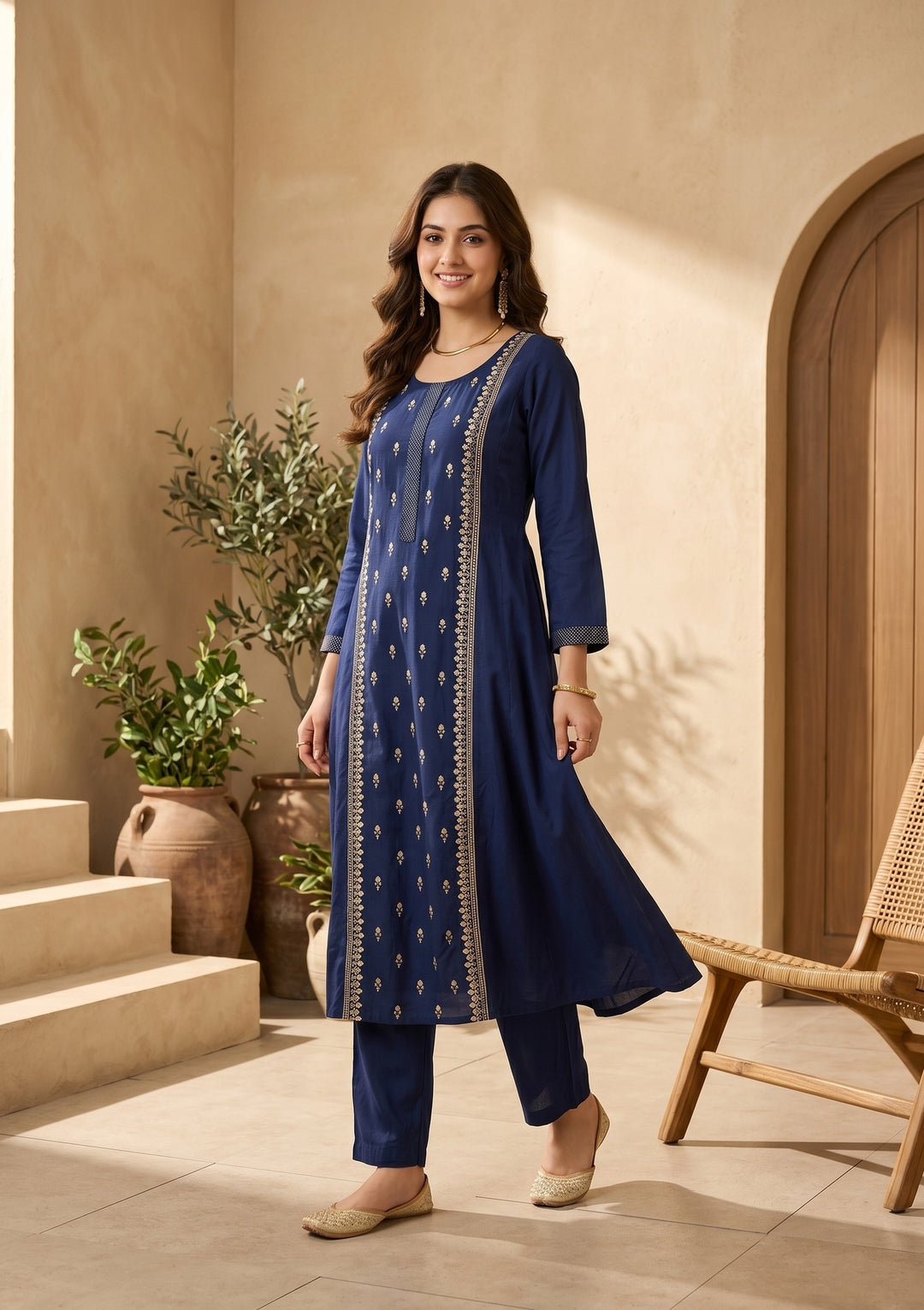 Royal Blue Art Silk Threadwork A Line Kurta With Pant Regular And Dupatta