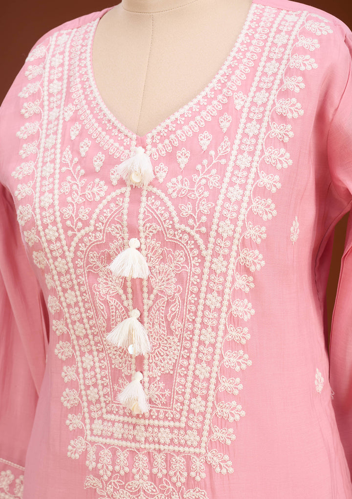 Gajari Pink Chanderi Threadwork Straight Kurta With Pant Regular And Dupatta