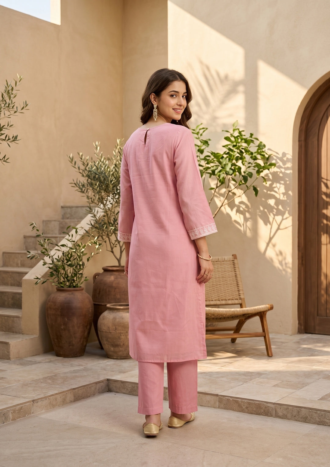 Gajari Pink Chanderi Threadwork Straight Kurta With Pant Regular And Dupatta