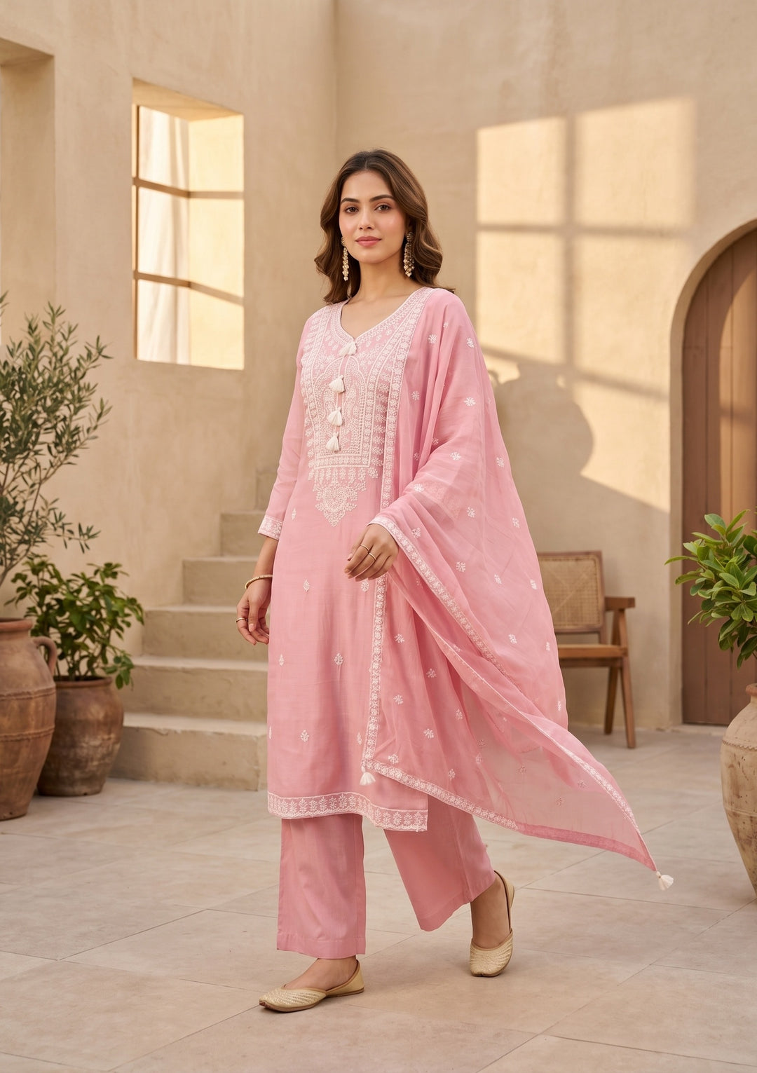 Gajari Pink Chanderi Threadwork Straight Kurta With Pant Regular And Dupatta