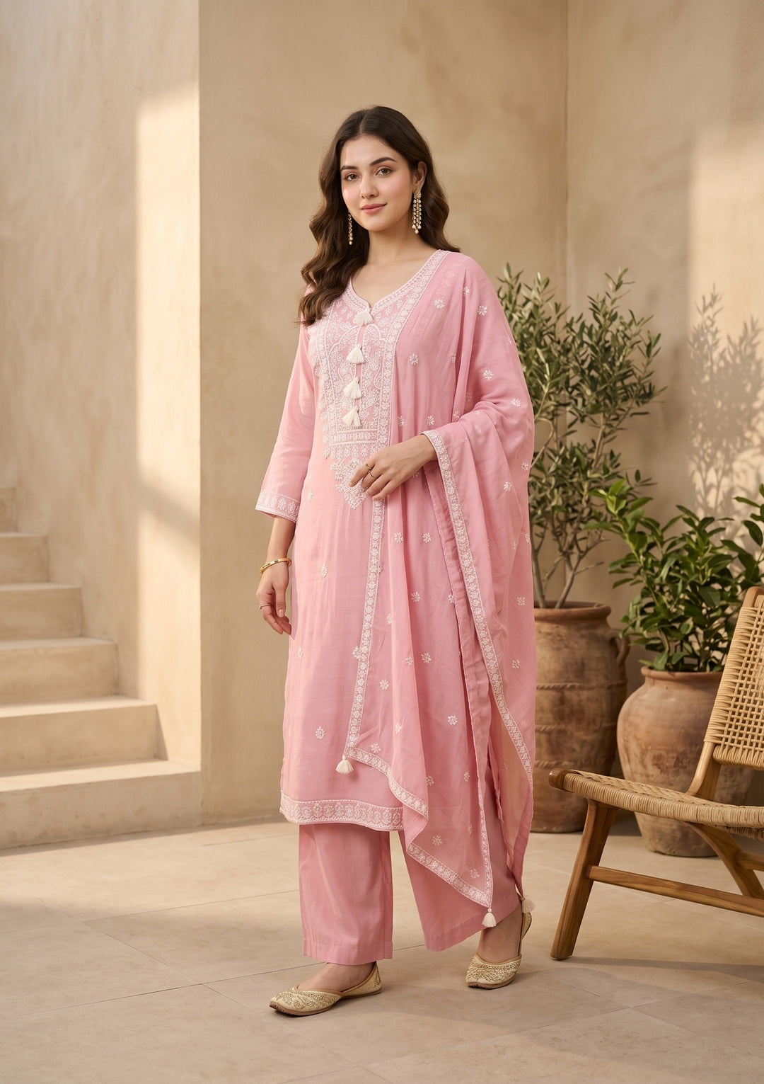 Gajari Pink Chanderi Threadwork Straight Kurta With Pant Regular And Dupatta