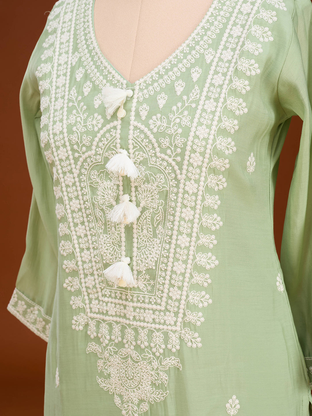 Pista Green Chanderi Threadwork Straight Kurta With Pant Regular And Dupatta