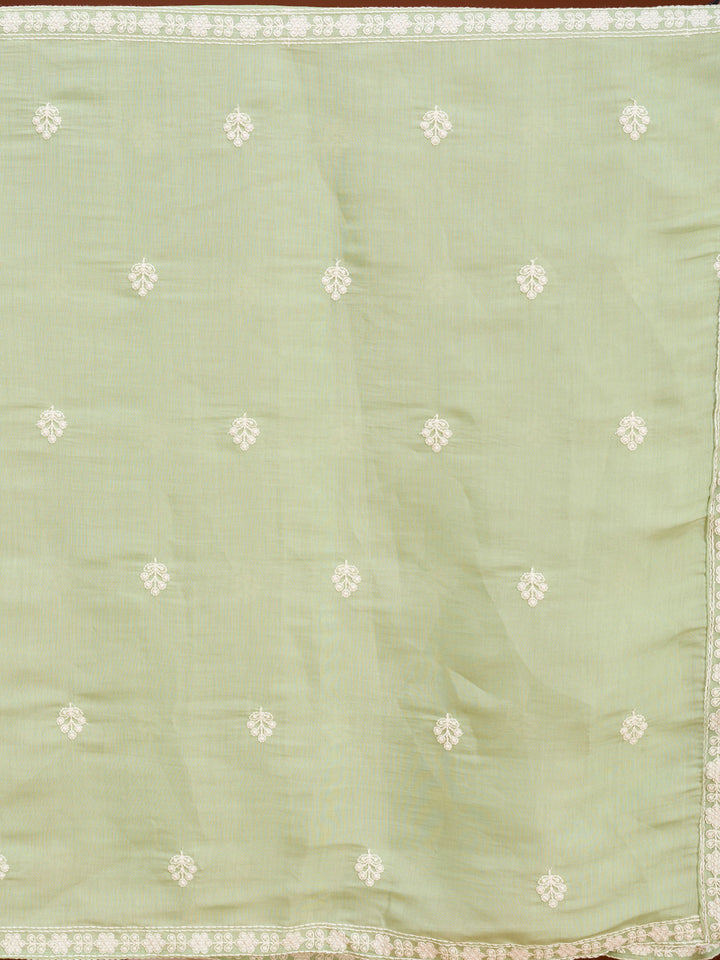 Pista Green Chanderi Threadwork Straight Kurta With Pant Regular And Dupatta