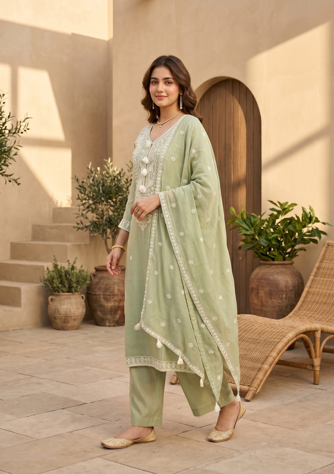 Pista Green Chanderi Threadwork Straight Kurta With Pant Regular And Dupatta