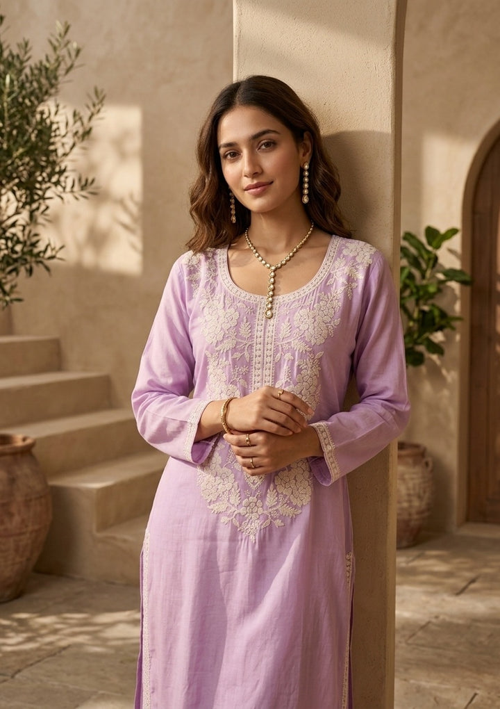Mauve Chanderi Threadwork Straight Kurta With Pant Regular And Dupatta