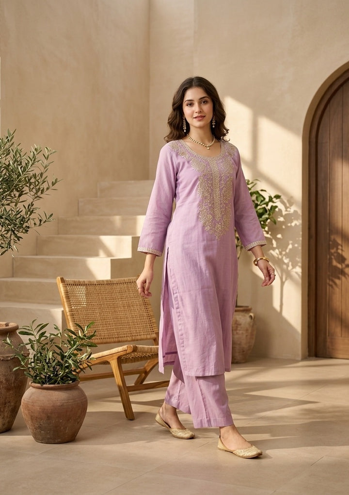 Mauve Chanderi Threadwork Straight Kurta With Pant Regular And Dupatta