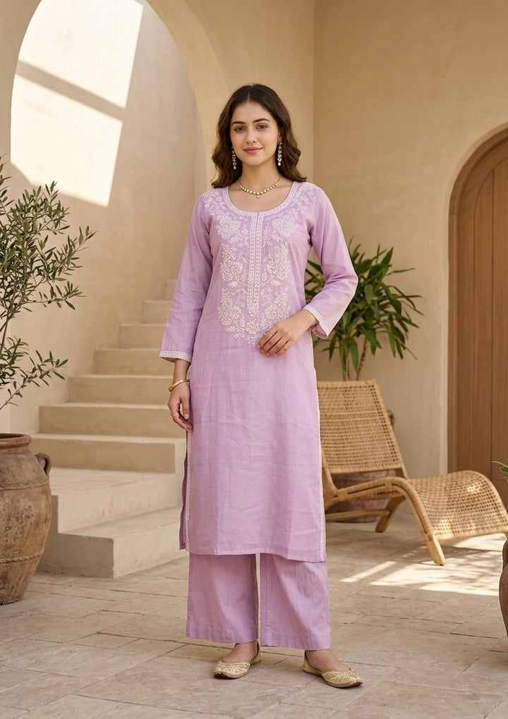 Mauve Chanderi Threadwork Straight Kurta With Pant Regular And Dupatta