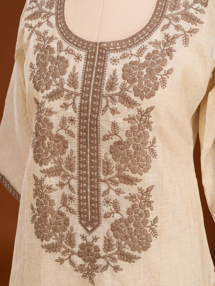 Beige Brown Cotton Threadwork Straight Kurta With Pant Regular And Dupatta