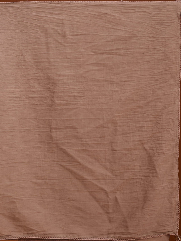 Beige Brown Cotton Threadwork Straight Kurta With Pant Regular And Dupatta