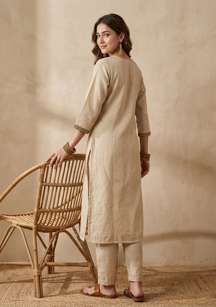 Beige Brown Cotton Threadwork Straight Kurta With Pant Regular And Dupatta
