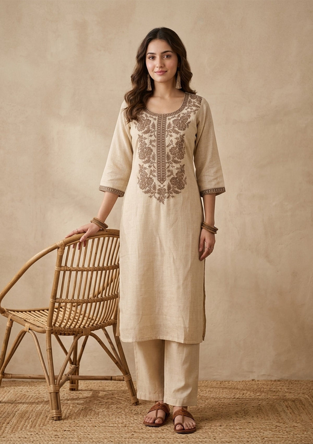 Beige Brown Cotton Threadwork Straight Kurta With Pant Regular And Dupatta