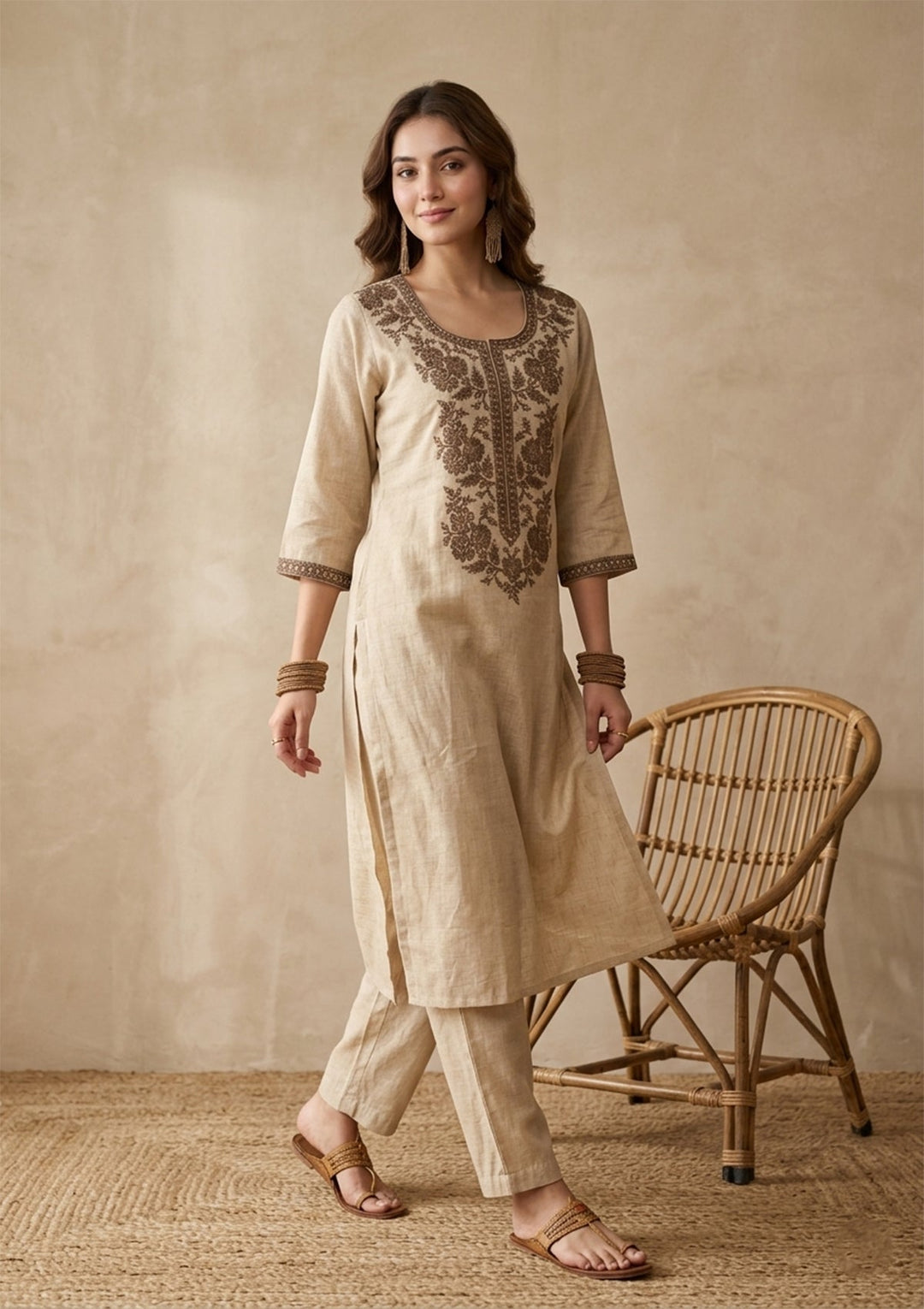 Beige Brown Cotton Threadwork Straight Kurta With Pant Regular And Dupatta