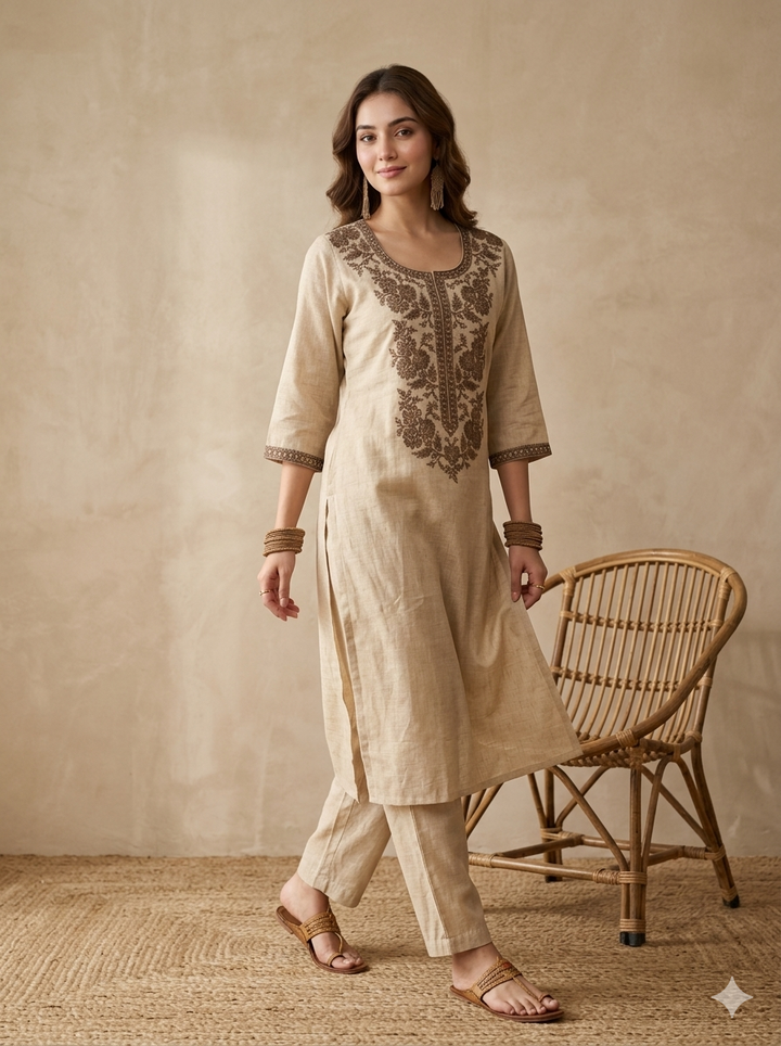 Beige Brown Cotton Threadwork Straight Kurta With Pant Regular And Dupatta