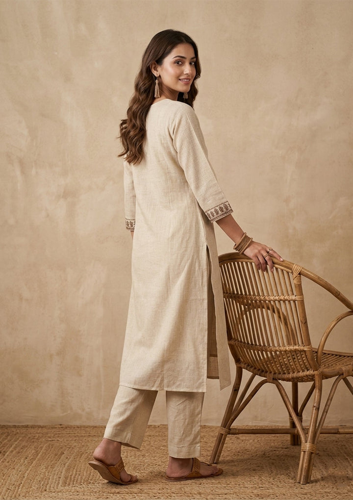 Beige Brown Cotton Threadwork Straight Kurta With Pant Regular And Dupatta
