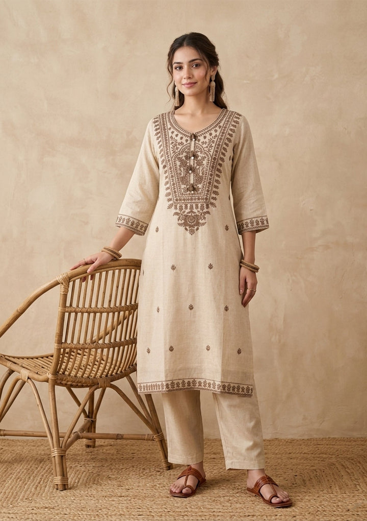 Beige Brown Cotton Threadwork Straight Kurta With Pant Regular And Dupatta