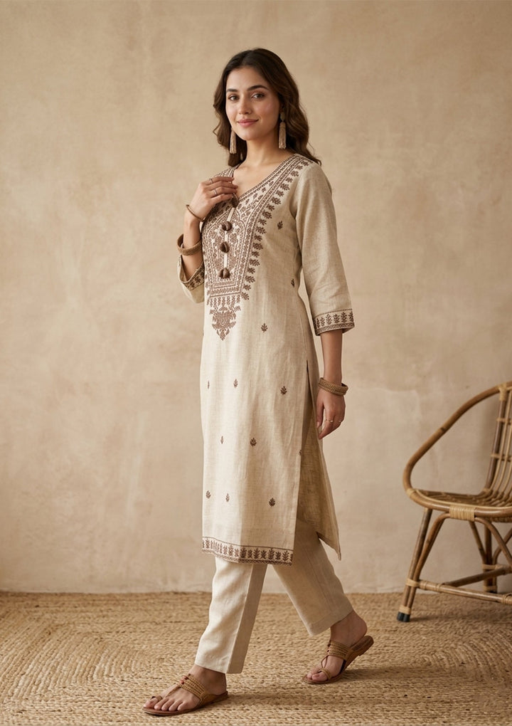 Beige Brown Cotton Threadwork Straight Kurta With Pant Regular And Dupatta