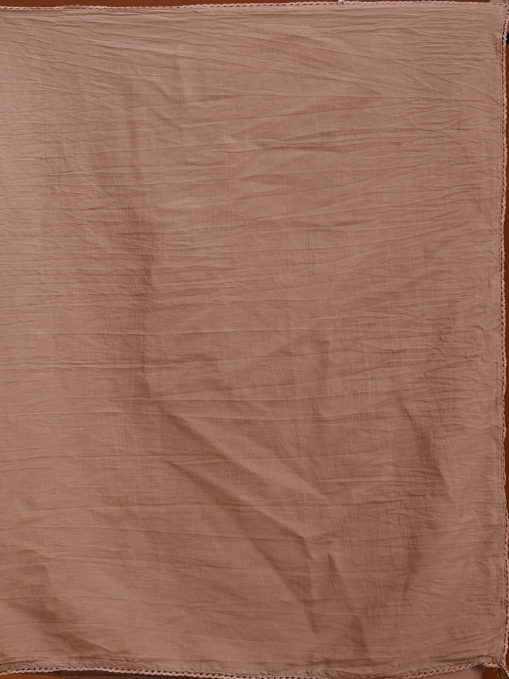 Beige Brown Cotton Threadwork Straight Kurta With Pant Regular And Dupatta