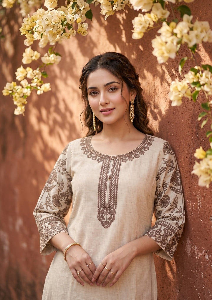 Beige Light Brown Cotton Threadwork Straight Kurta With Regular Pant And Dupatta