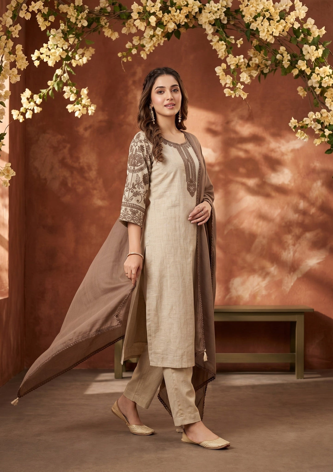 Beige Light Brown Cotton Threadwork Straight Kurta With Regular Pant And Dupatta