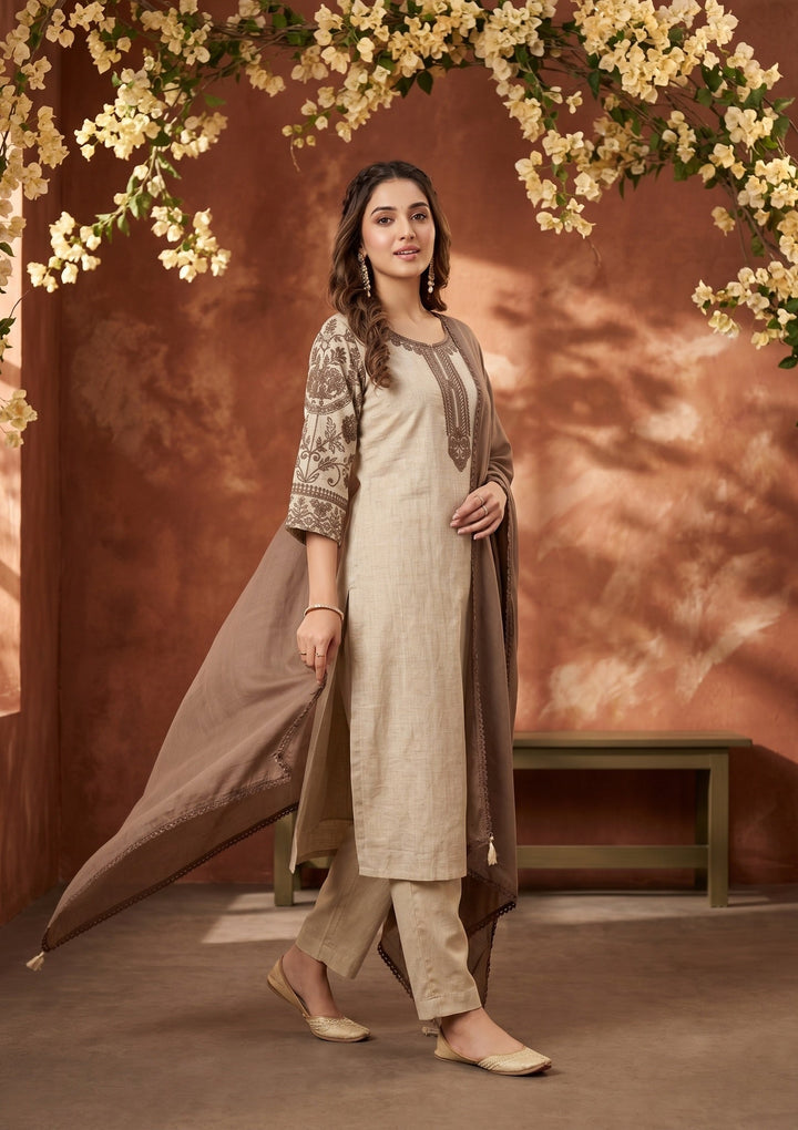 Beige Light Brown Cotton Threadwork Straight Kurta With Regular Pant And Dupatta