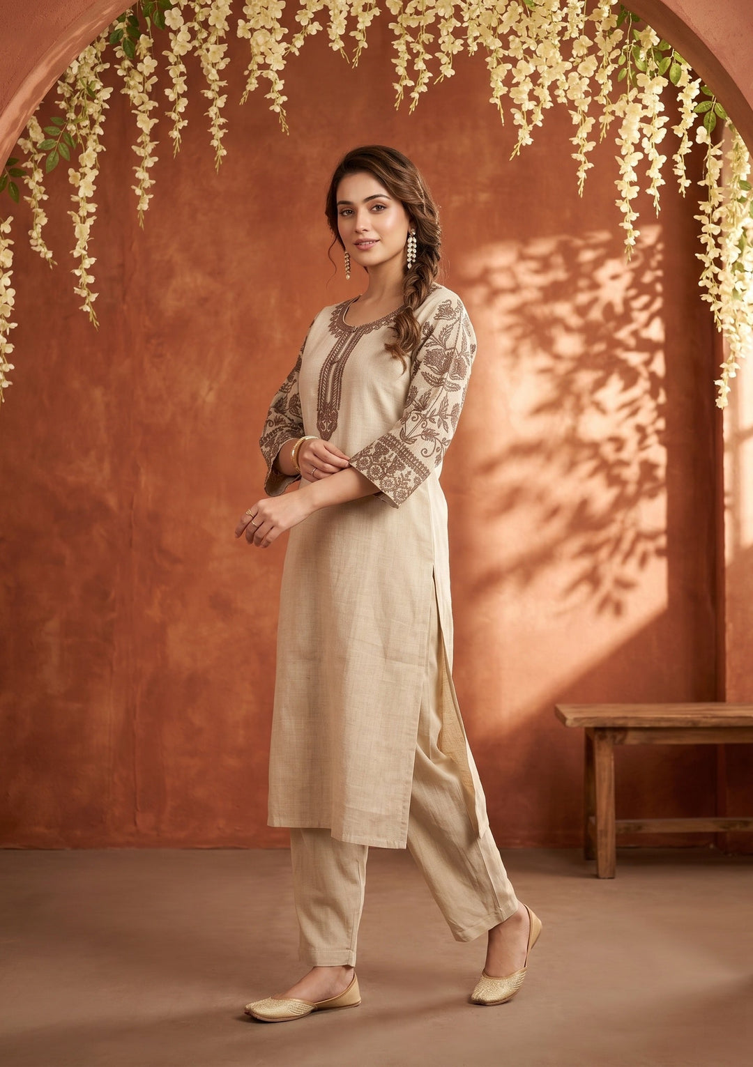 Beige Light Brown Cotton Threadwork Straight Kurta With Regular Pant And Dupatta