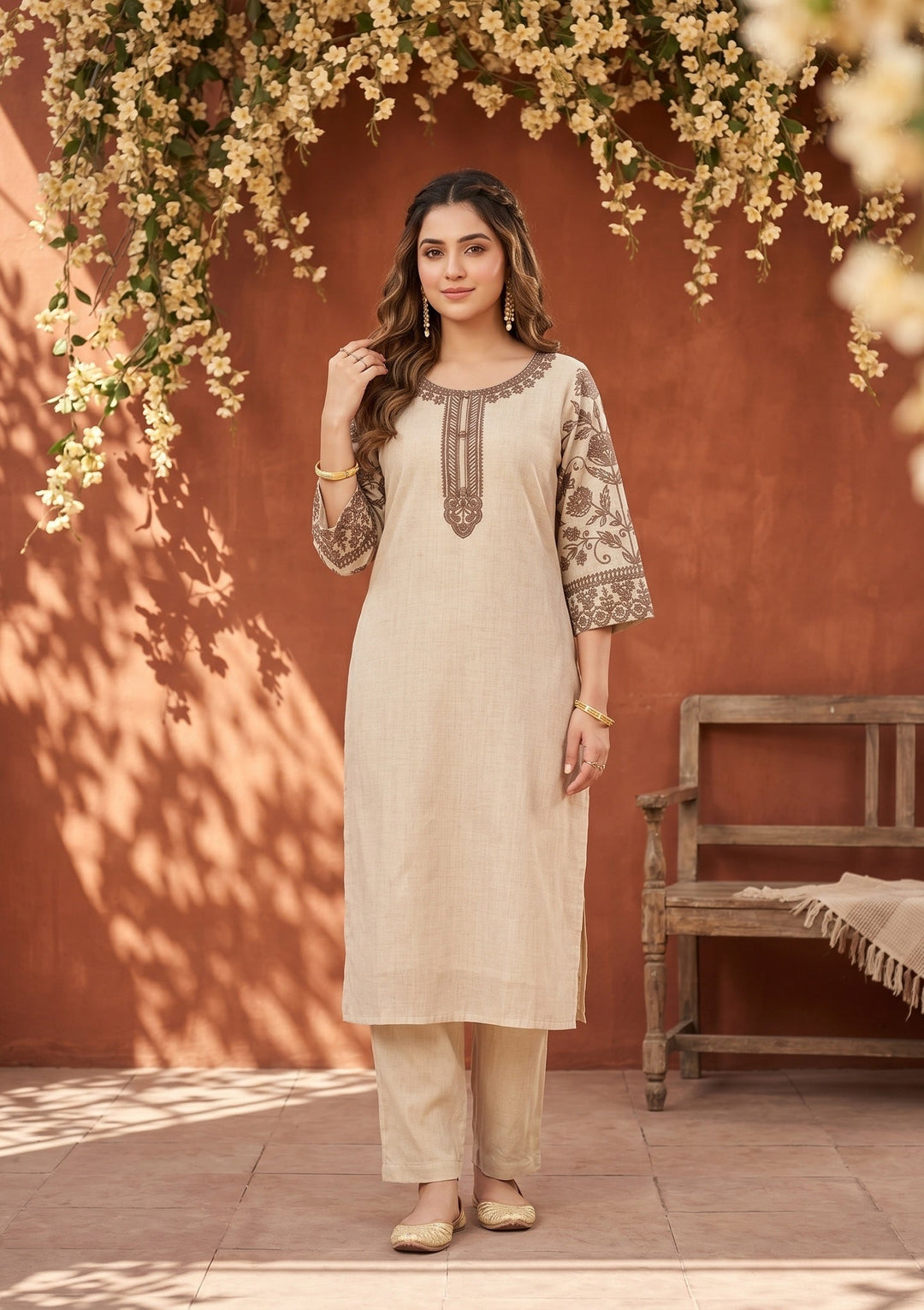 Beige Light Brown Cotton Threadwork Straight Kurta With Regular Pant And Dupatta