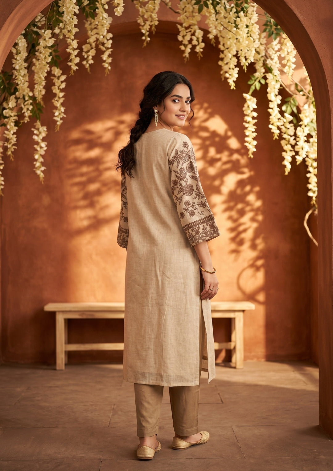 Beige Light Brown Cotton Threadwork Straight Kurta With Regular Pant And Dupatta