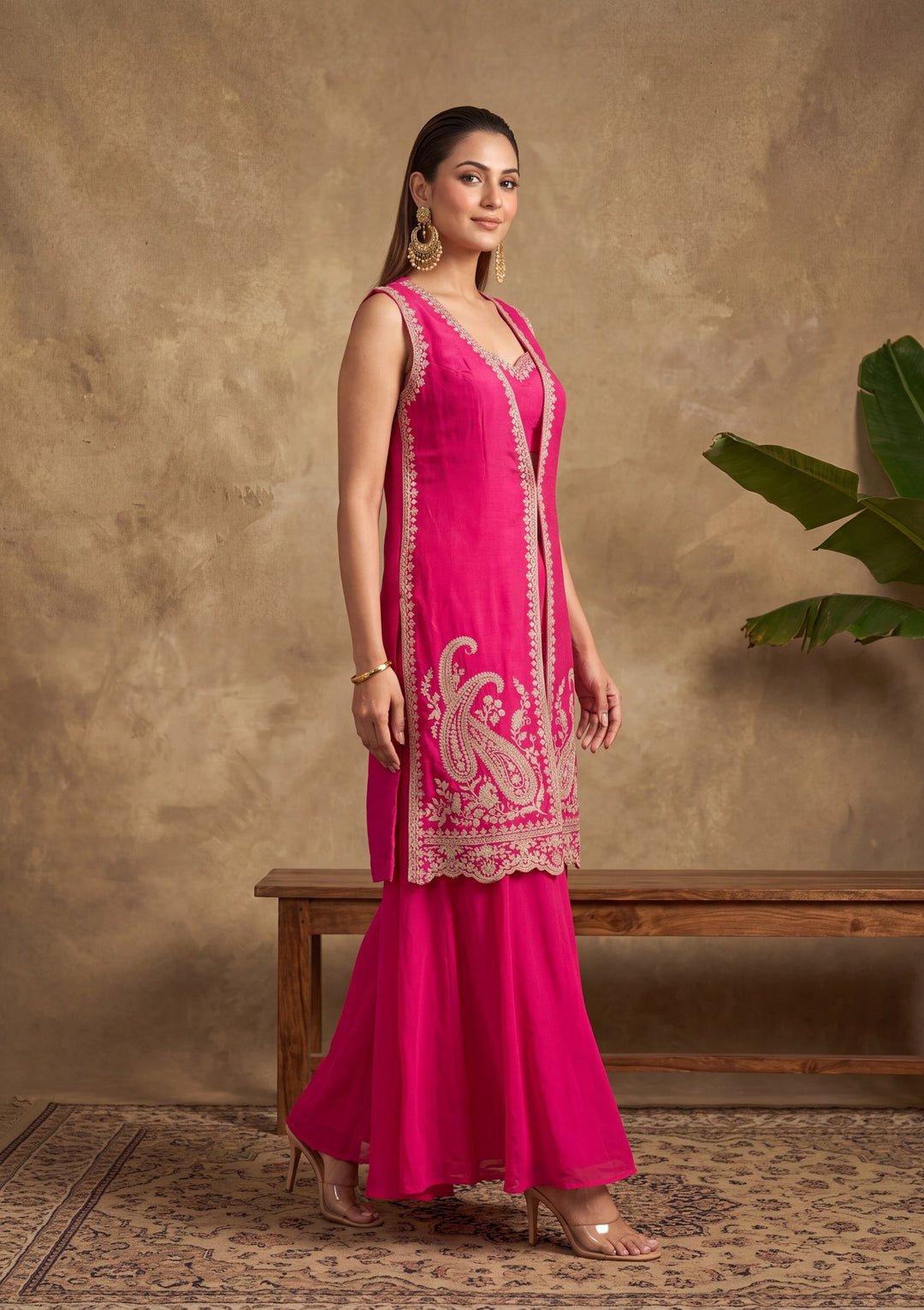 Rani Pink Zariwork (Gold) Chinon Readymade Salwar Suit