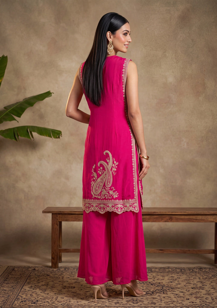 Rani Pink Zariwork (Gold) Chinon Readymade Salwar Suit