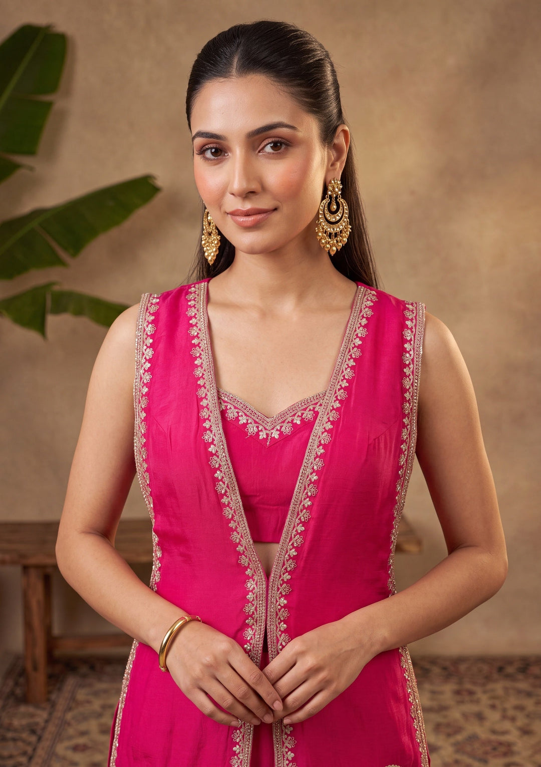 Rani Pink Zariwork (Gold) Chinon Readymade Salwar Suit