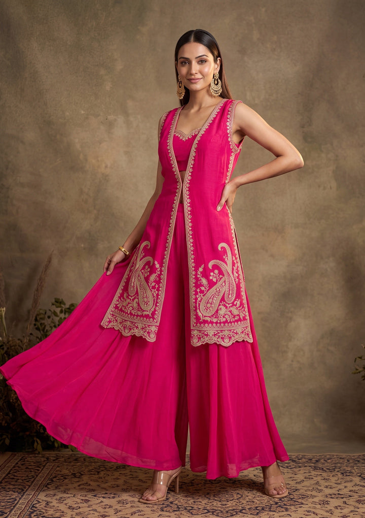 Rani Pink Zariwork (Gold) Chinon Readymade Salwar Suit